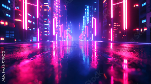 A concept of vibrant and futuristic cityscape at night, illuminated by neon lights reflecting off the wet ground, creating an atmosphere of mystery and advanced technology. A virtual cityscape