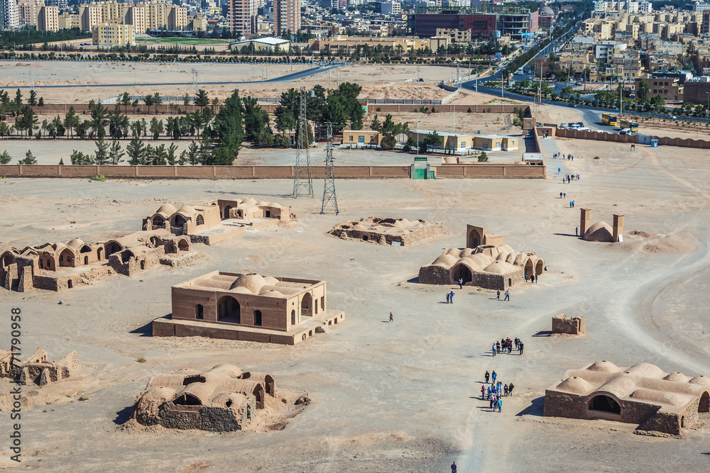 Obraz premium Ruins of ritual buildings in area of Dakhma - Tower of Silence, ancient structure built by Zoroastrians in Yazd, Iran