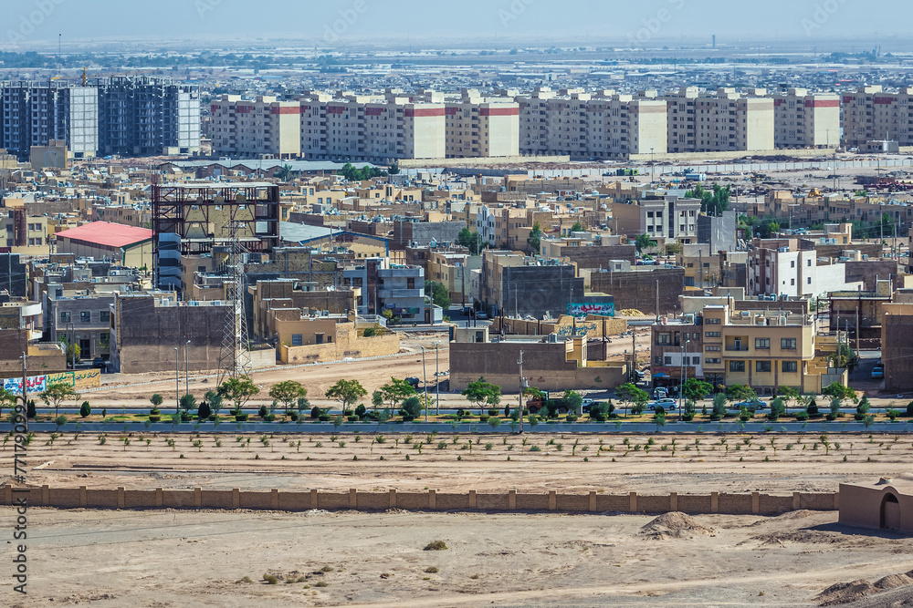 Yazd cityscape, view from Dakhma - Tower of Silence, ancient structure built by Zoroastrians in Yazd, Iran