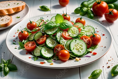 fresh salad with cucumbers and tomato pieces fly in the air above the plate.