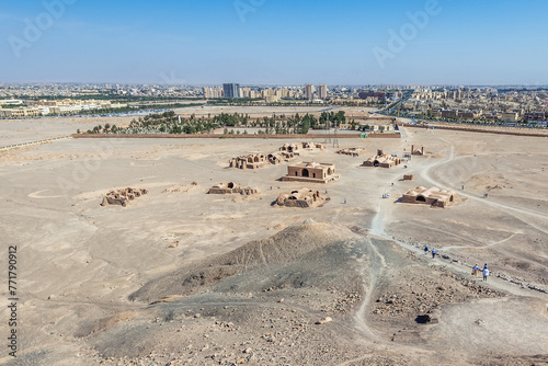 Aerial view from Dakhma - Tower of Silence, ancient structure built by Zoroastrians in Yazd, Iran photo