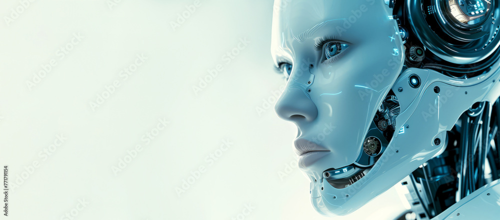 A humanoid robot face on a light background with copy space, banner for theme related to robotics, artificial intelligence, technological or mechanical illustrations, components of a machine A humanoid robot face on a light background with copy space, banner for theme related to robotics, artificial intelligence, technological or mechanical illustrations, components of a machine