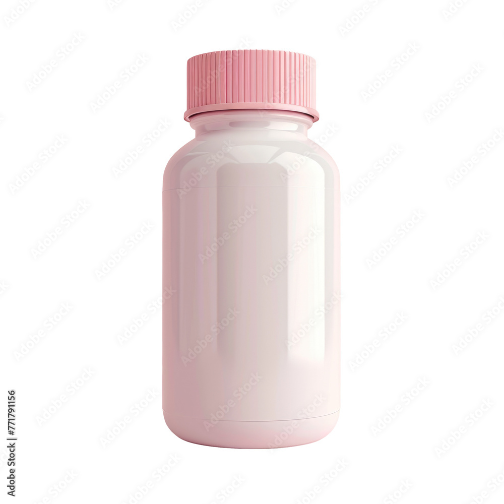 White plastic bottle with pink lid containing liquid on transparent background