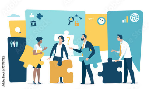Solving problems and finding solutions. People holding puzzle elements. Vector illustration.