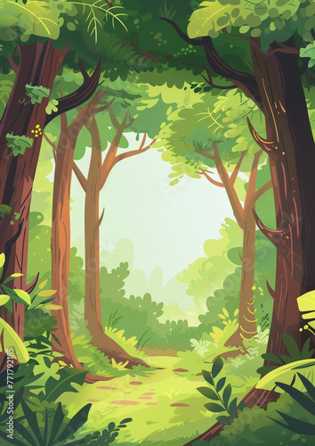 summer forest vertical rectangle frame with white copy space inside, children's book cartoon style