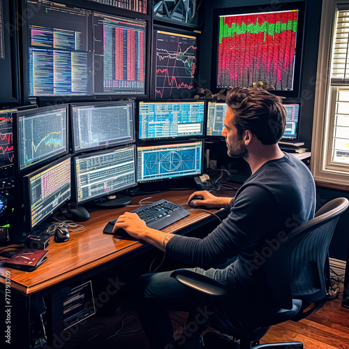 A man is sitting at a desk with four computer monitors in front of him. He is typing on a keyboard and he is focused on his work. The room is well-lit and has a modern, professional feel