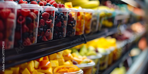 Assorted fresh fruits and berries in clear plastic containers on a supermarket shelf, vibrant, healthy eating
