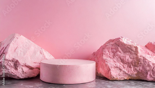 Rough stone podium for presentation, pink tones. Podium for presentation. Pedestal for promotion.