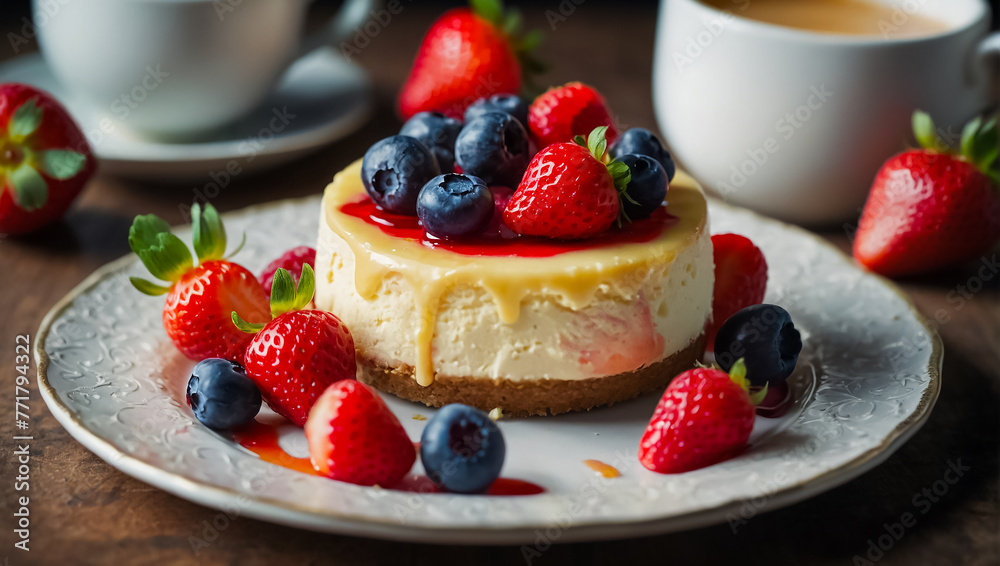 delicious cheesecake with strawberries, blueberries on the table delicious cheesecake with strawberries, blueberries on the table