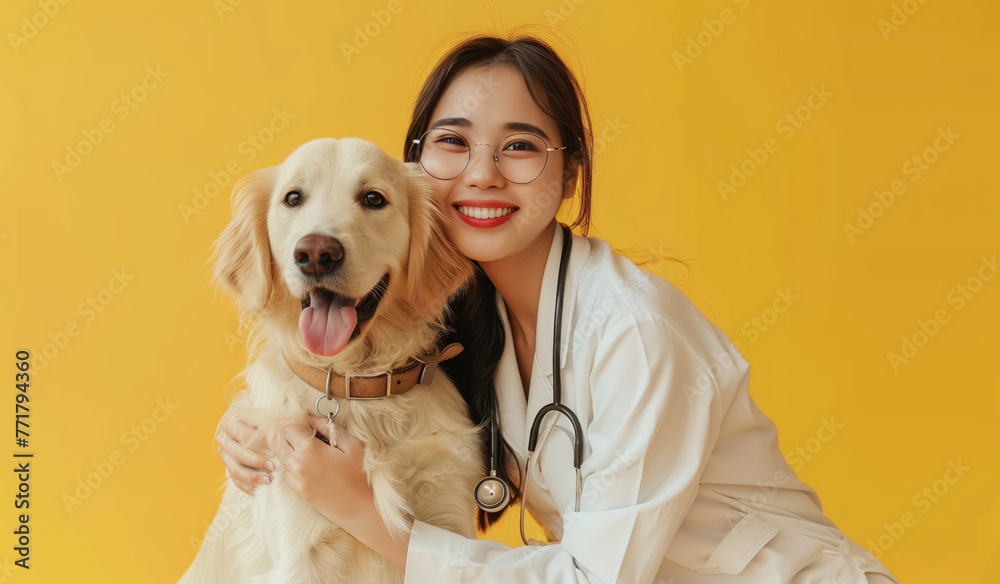 A Chinese female veterinarian, doctor in white is sitting on the table, holding an golden retriever dog with glasses and stethoscope around her neck, smiling at camera, yellow background