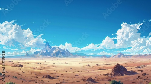 Anime-style desert landscape with majestic mountains in the distance. Time synthesis and webtoon aesthetic photo