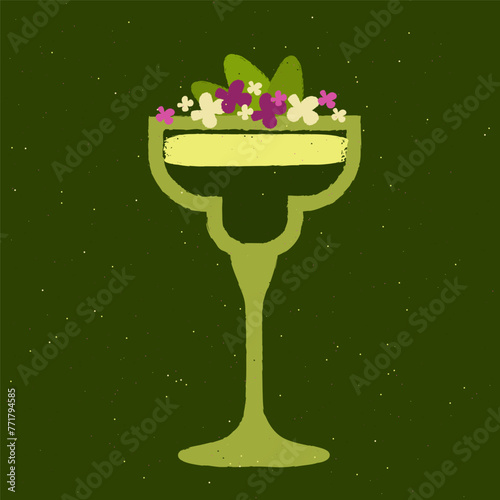Green cocktail with flowers, leaves and cream. Fresh in margarita glass. Smoothie. Milkshake. Liquid for the event. Alcohol drink for bar. Non-alcoholic beverage. Flat vector illustration with texture