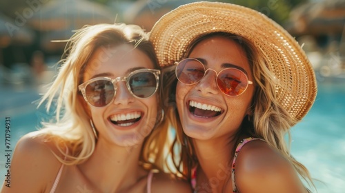 Close-up of two beautiful young female friends in stylish swimsuits hugging and laughing cheerfully. Charming sexy girls enjoy their vacation at luxury holiday resort. © Georgii