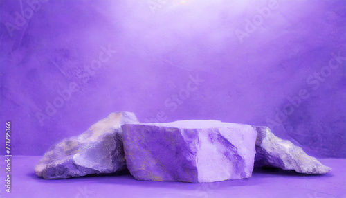 Rough stone podium for presentation, purple tones. Abstract empty podium for product presentation.