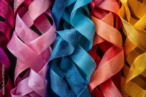 A row of colorful ribbons with different shades of blue, pink, yellow, and red