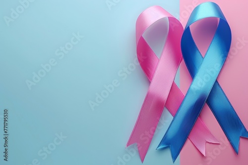 Pink and blue ribbons on blue background