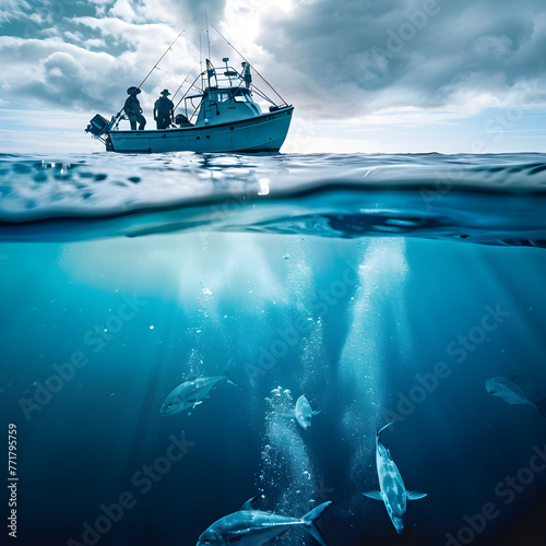 An Ocean fishing boat with an above and below view of the water 