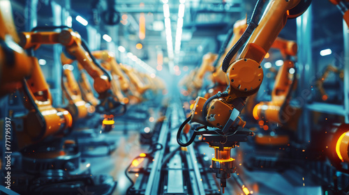 A factory with many robots in it. The robots are orange and are in motion. Scene is industrial and futuristic photo