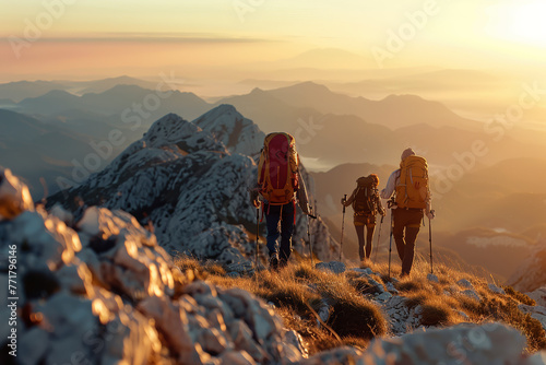 Three people are hiking up a mountain, with one of them wearing a red backpack. The sun is setting, casting a warm glow over the Sunrise landscape