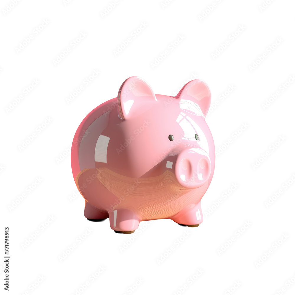 Toy piggy bank in magenta on transparent background, representing saving 