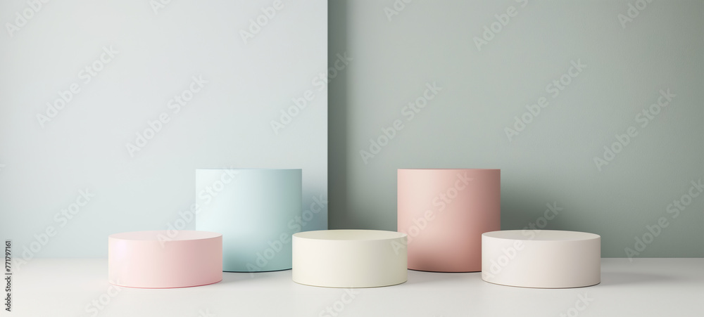 Minimalist Product Display with Pastel Podiums. Soft Tones Product Presentation on Colored Cylinders Minimalist Product Display with Pastel Podiums. Soft Tones Product Presentation on Colored Cylinders