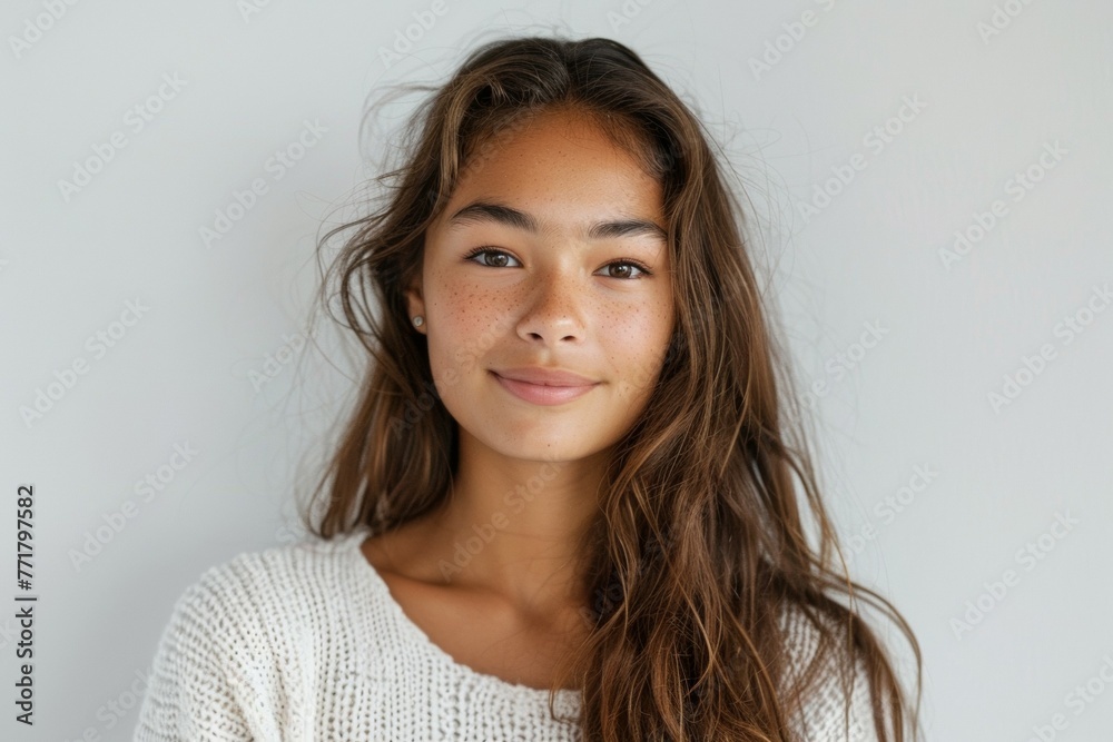 A woman with long brown hair and a white shirt is smiling A woman with long brown hair and a white shirt is smiling