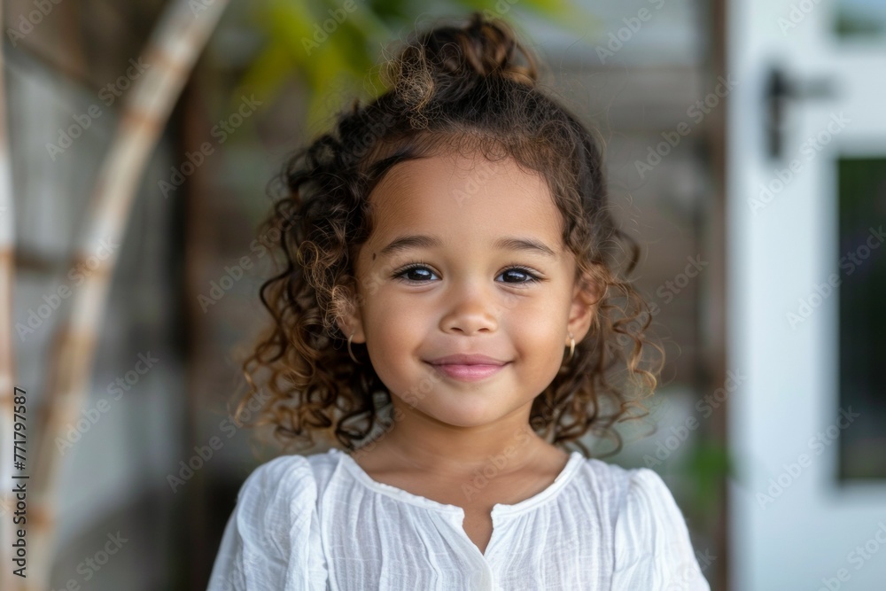 A young girl with curly hair is smiling and looking at the camera A young girl with curly hair is smiling and looking at the camera