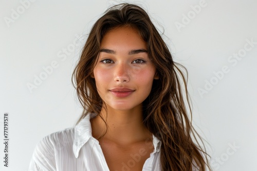 A woman with long brown hair and a white shirt