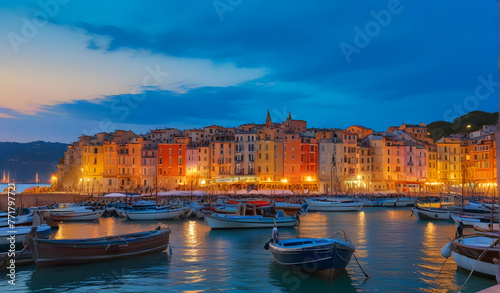 Mystic landscape of the harbor with colorful houses and the boats in Porto Venero, Italy, Liguria in the evening in the light of lanterns © Hanna Ohnivenko