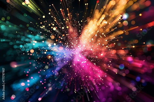 : A fvectors logo exploding in a burst of colorful particles, leaving trails of light.