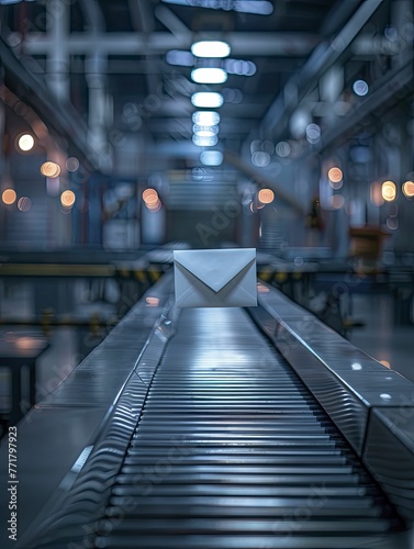 An envelope smoothly glides along a conveyor belt in an industrial communication setting, symbolizing efficient message delivery.