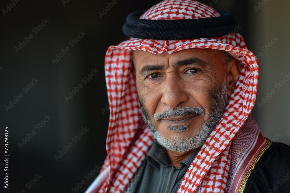 A man with a red and white scarf on his head A man with a red and white scarf on his head
