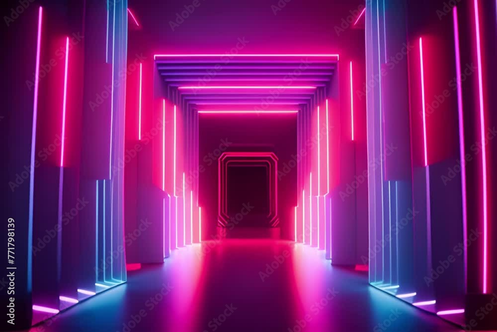 Abstract background with glowing neon lines in blue and ultraviolet colors. Synth wave retro futuristic virtual room Abstract background with glowing neon lines in blue and ultraviolet colors. Synth wave retro futuristic virtual room
