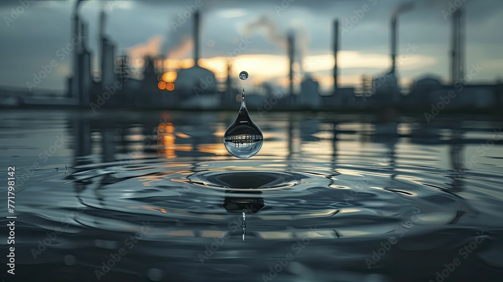 Capturing the essence of industry's environmental impact through a water droplet silhouette against a factory reflection on a minimalist backdrop. - obrazy, fototapety, plakaty 