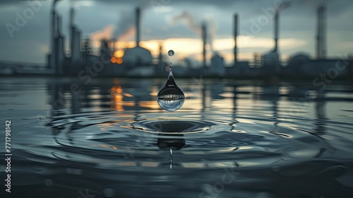 Capturing the essence of industry's environmental impact through a water droplet silhouette against a factory reflection on a minimalist backdrop.