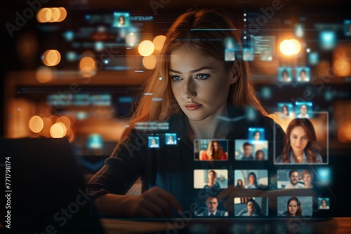A woman is looking at a computer screen with a lot of pictures on it