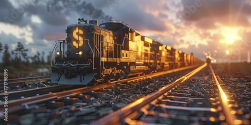 A simple image of a train carrying a series of dollar signs, set against a transport economics background, depicts wealth on the move. photo