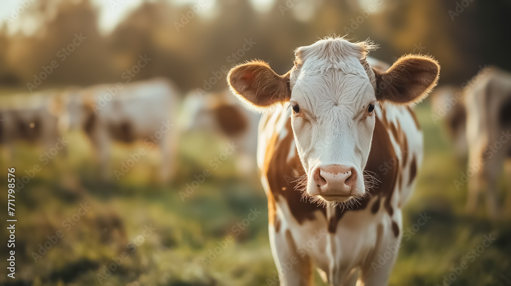 Brown and white cow on a green field with eco environment , beautiful sunlight in the field Brown and white cow on a green field with eco environment , beautiful sunlight in the field