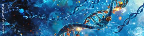 A highly detailed double helix DNA strand with glowing nodes, showcasing the complexity of genetic coding against a vibrant blue backdrop photo