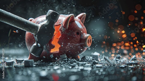 Sleek industrial hammer breaking a piggy bank, on a light financial challenge background, cost of industrial projects photo