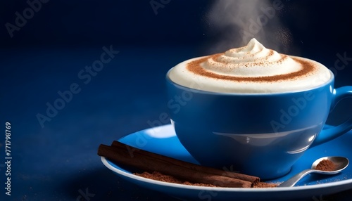 Close-up of a steaming cup of coffe or cappuccino with frothy milk and sprinkled cocoa powder on top