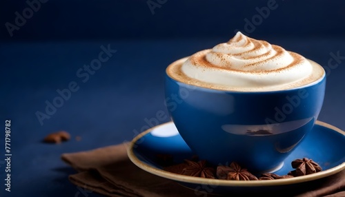 Close-up of a steaming cup of coffe or cappuccino with frothy milk and sprinkled cocoa powder on top