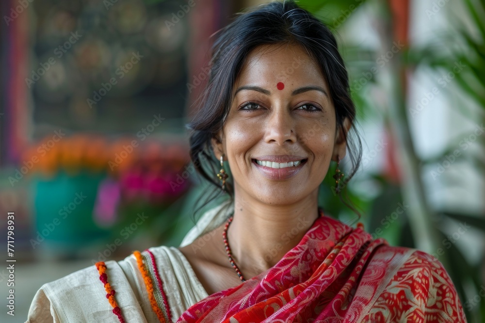 A woman wearing a red and white sari is smiling A woman wearing a red and white sari is smiling