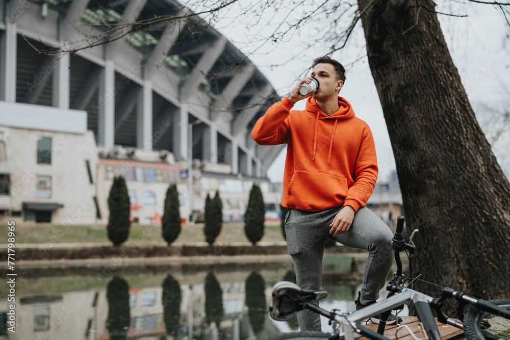 A young, casual man sips coffee on a bench by his bike in a tranquil urban park, against a cloudy sky backdrop.