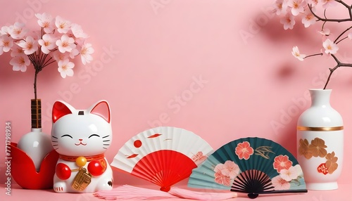 japanese aesthetics with fans and lucky cat
