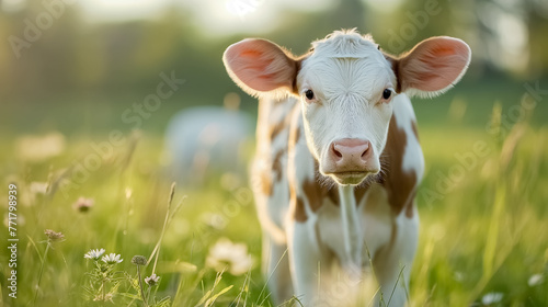 Brown and white cow on a green field with eco environment, beautiful sunlight on cow.