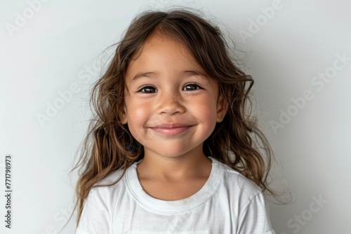 A young girl with long brown hair is smiling at the camera