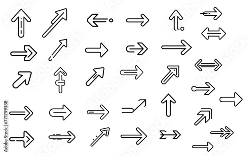 Assorted Arrows Icon Set  Black Line Art  Direction and Navigation Symbols