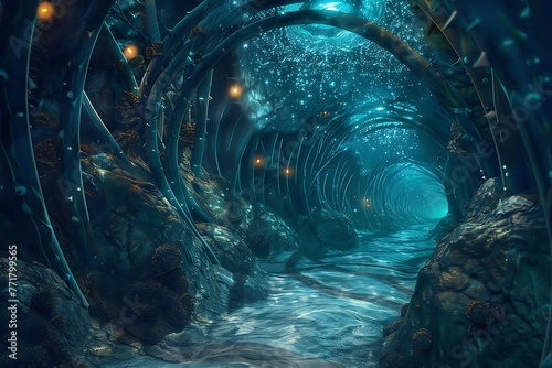 : A labyrinthine corridor lined with pulsating coral formations, bioluminescent tendrils illuminate the pathway ahead.