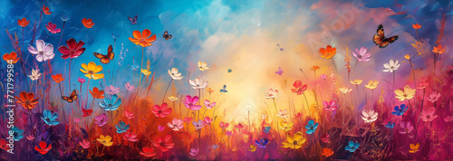 Oil painting of the field flowers and butterflies